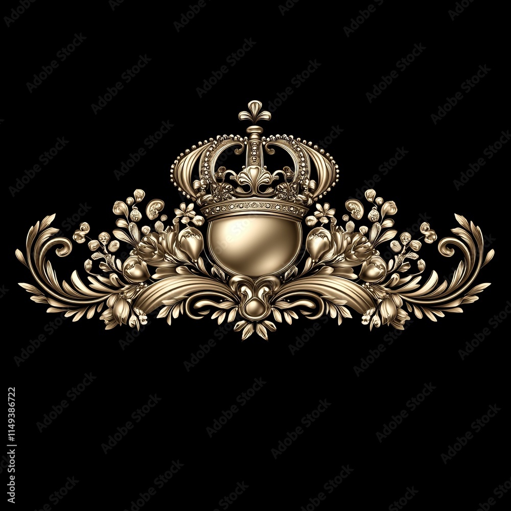 Fototapeta premium Regal Crown and Floral Crest Ornate Gold Emblem