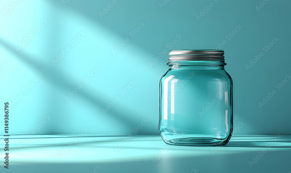 A clear glass jar on a turquoise background, showcasing simplicity and storage potential.
