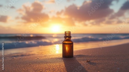 A single brown serum bottle on a sandy beach with the ocean and sunset in the background. photo