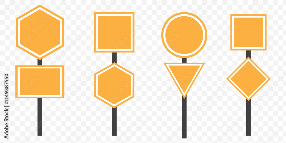 Realistic yellow road sign. Isolated signal tables. Blank street traffic symbols, stopping boards. Signaling plates vector set. Signal road for control traffic collection illustration. eps 10.