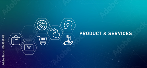 Product and services header company goods sold retail information market shopping design icons gradient background with icon