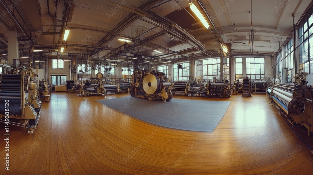 Panorama of a spacious textile production floor with synchronized weaving equipment. Panorama of a spacious textile production floor with synchronized weaving equipment.