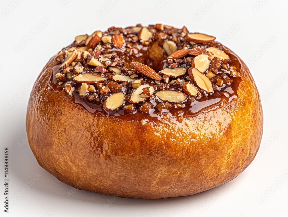 A glazed donut topped with nuts and caramel, showcasing a delicious dessert option. A glazed donut topped with nuts and caramel, showcasing a delicious dessert option.