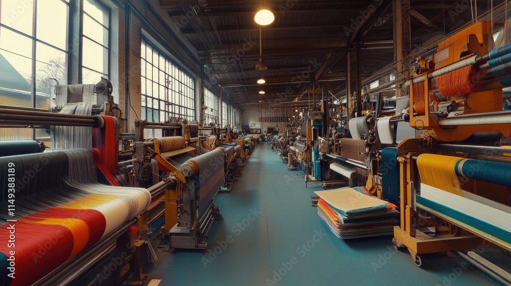 Fototapeta premium Panorama of a spacious textile production floor with synchronized weaving equipment.