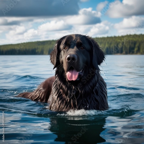 A Newfoundland dog swimming in a lake, with its thick coat dripping wet.

