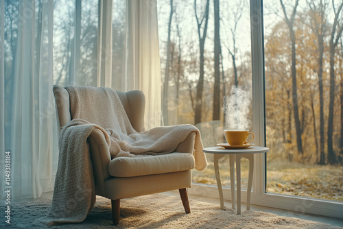 Cozy armchair by window with warm blanket and steaming cup - Gerenative Ai photo