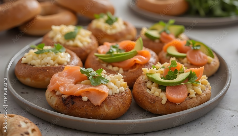 Assorted Montreal Bagels with Salmon, Avocado, and Greens on a Plate Assorted Montreal Bagels with Salmon, Avocado, and Greens on a Plate