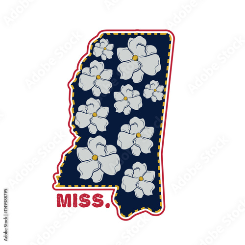 Mississippi Map with Magnolias Perfect for Print, Apparel, etc