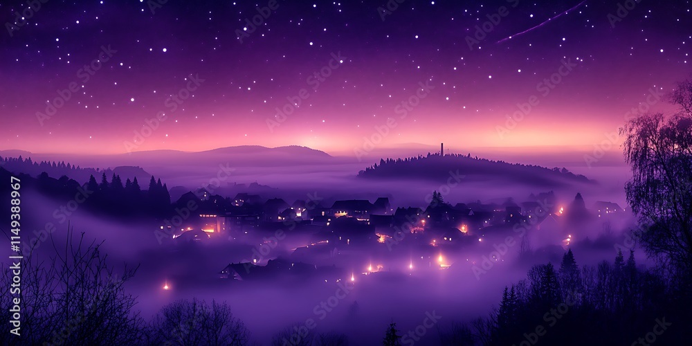 Naklejka premium Starlit Night Envelops Misty Village Houses Hills