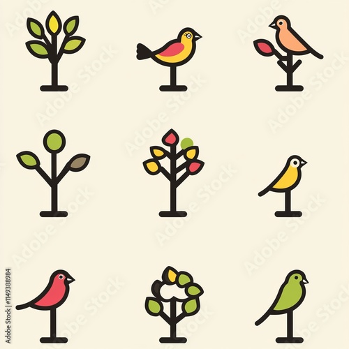 Simple Bird and Tree Icons A Colorful Nature Set