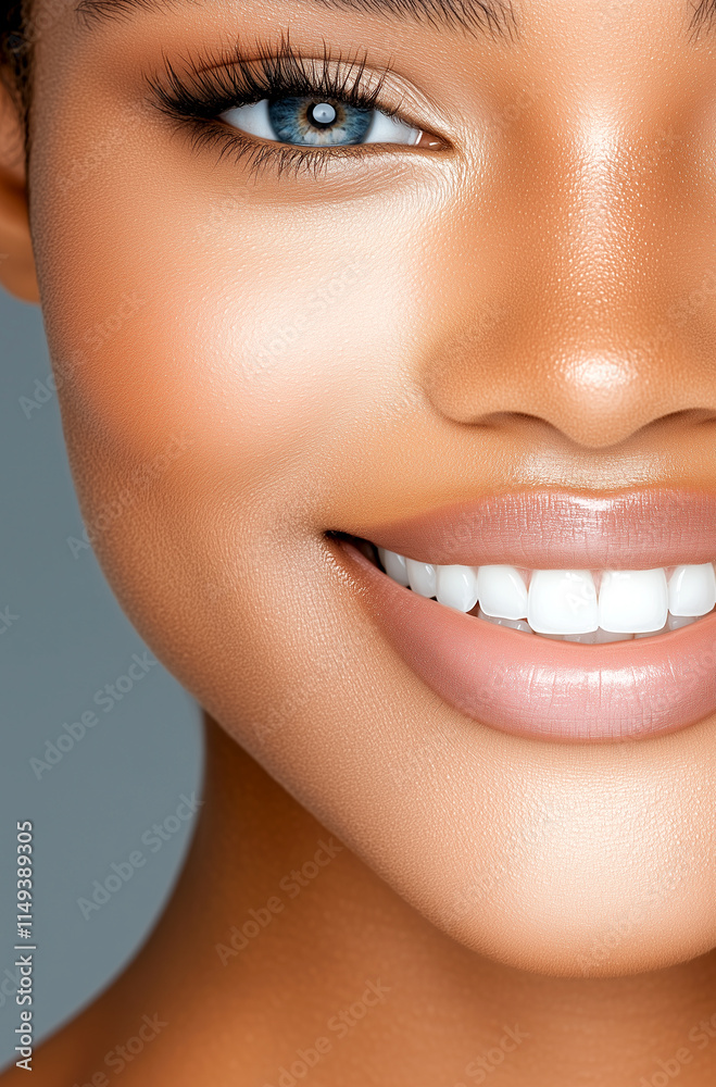 A woman with a bright smile and a blue eye shadow. She has a very nice smile and her teeth are white A woman with a bright smile and a blue eye shadow. She has a very nice smile and her teeth are white