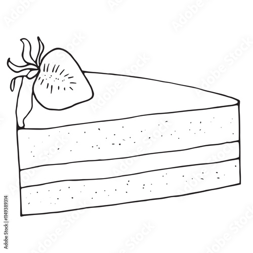 piece of strawberry sponge cake, vector black and white doodle element, coloring book, cute design element