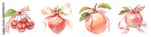 PNG Charming watercolor fruits with ribbons, element set on transparent background