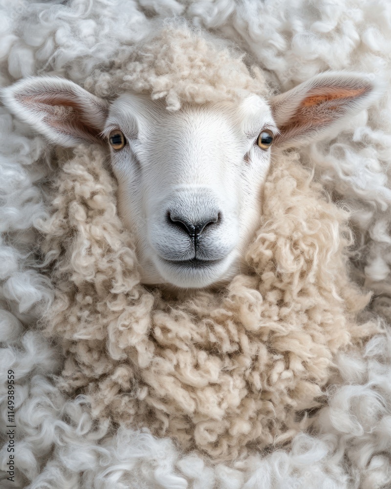 A close-up of a sheep with fluffy wool surrounding its face.