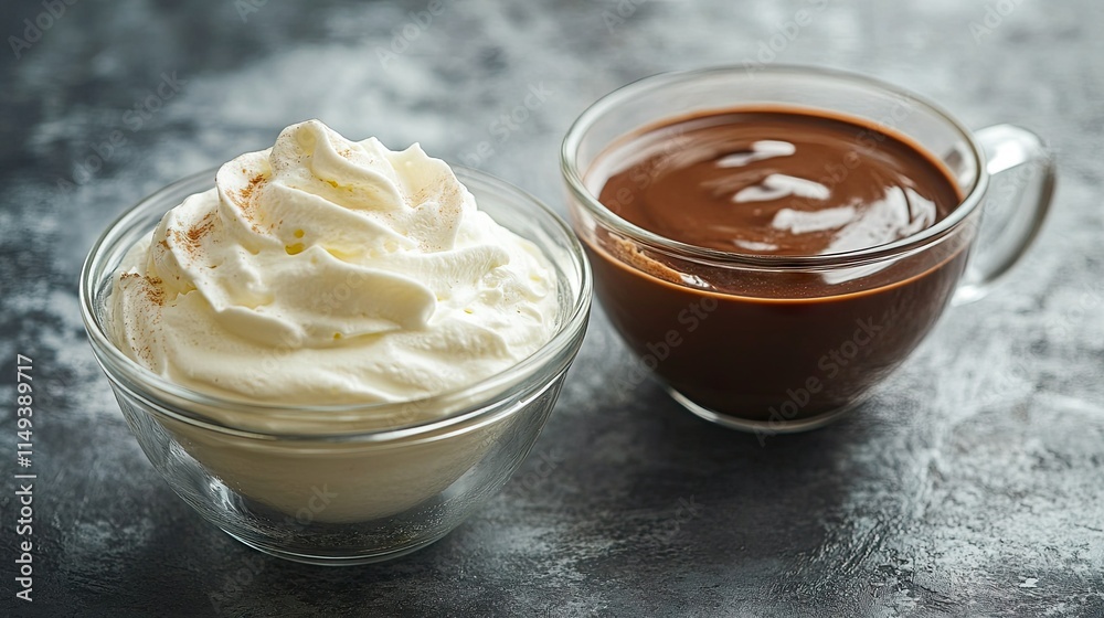 A small glass bowl of whipped cream placed next to a cup of hot chocolate topped with more cream. A small glass bowl of whipped cream placed next to a cup of hot chocolate topped with more cream.