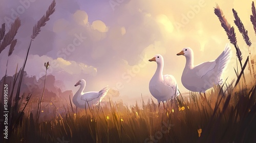 Three White Geese in a Serene Sunset Field photo