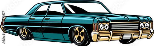 American Vintage Blue Muscle Car Cartoon Illustration