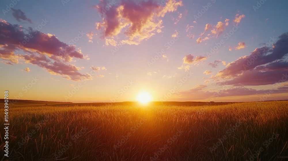 Fototapeta premium Sunset over the field - Captivating 4K time-lapse: majestic sunrise/sunset landscape with stunning nature's light and rolling colorful clouds,