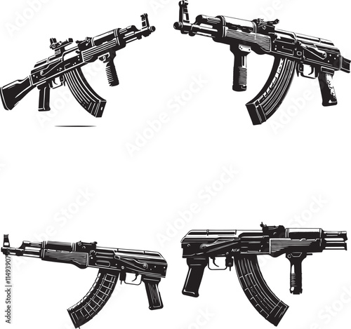 AKM gun black and white silhouette assets in vector farm