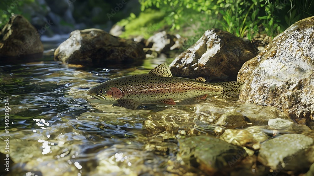 Fototapeta premium A photorealistic close-up of a rainbow trout in a crystal-clear mountain stream, vibrant natural setting