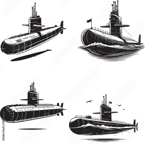 Submarine black and white silhouette assets in vector farm