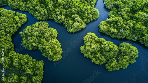 Lush green mangroves surrounded by serene blue waters in a remote wetland ecosystem