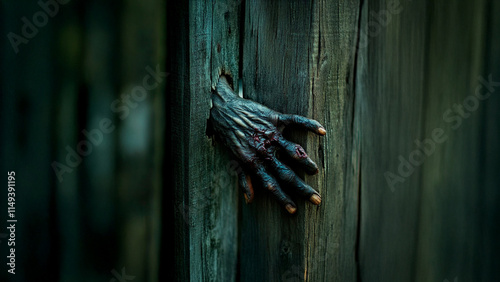 Zombie hand on a wooden fence. Zombie hand hole fence rot wooden. Hand rotted wooden fence. The hand is holding a lifestyle wooden door.