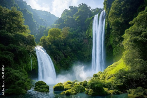 Scenic waterfall cascades down mossy rocks in jungle. Water flows over green rocks, foliage. Nature scene tranquil, serene. Beautiful landscape with cascading water. Jungle environment with vibrant