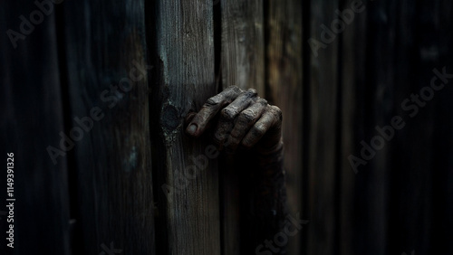 Zombie hand on a wooden fence. Zombie hand hole fence rot wooden. Hand rotted wooden fence. The hand is holding lifestyle a wooden door.