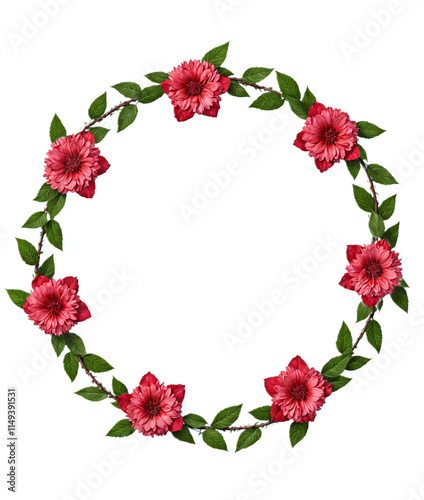 A circular floral wreath composed of pink and red flowers interwoven with green leaves on a thin brown vine. The design is symmetrical, vibrant, and suitable for decorative or seasonal themes.