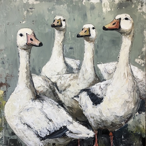 Majestic Geese in Serene Countryside: A Stunning Wildlife Painting photo