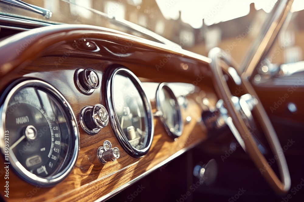 Fototapeta premium Classic Car Interior Detail: Wooden Dashboard, Vintage Speedometer, Luxury Vehicle Closeup