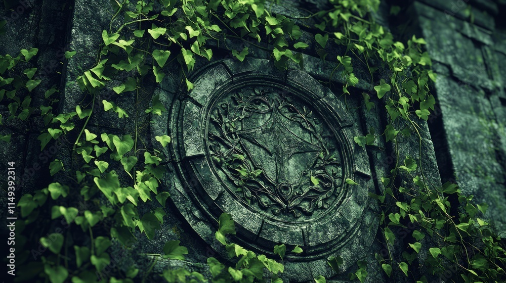 Symbol of Corporate Decay: Sinister Logo Carved in Stone with Vines - Photorealistic 3D Render Illustration Symbol of Corporate Decay: Sinister Logo Carved in Stone with Vines - Photorealistic 3D Render Illustration
