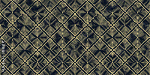 Elegant geometric pattern in black and gold, featuring diamond shapes and intricate linear designs.