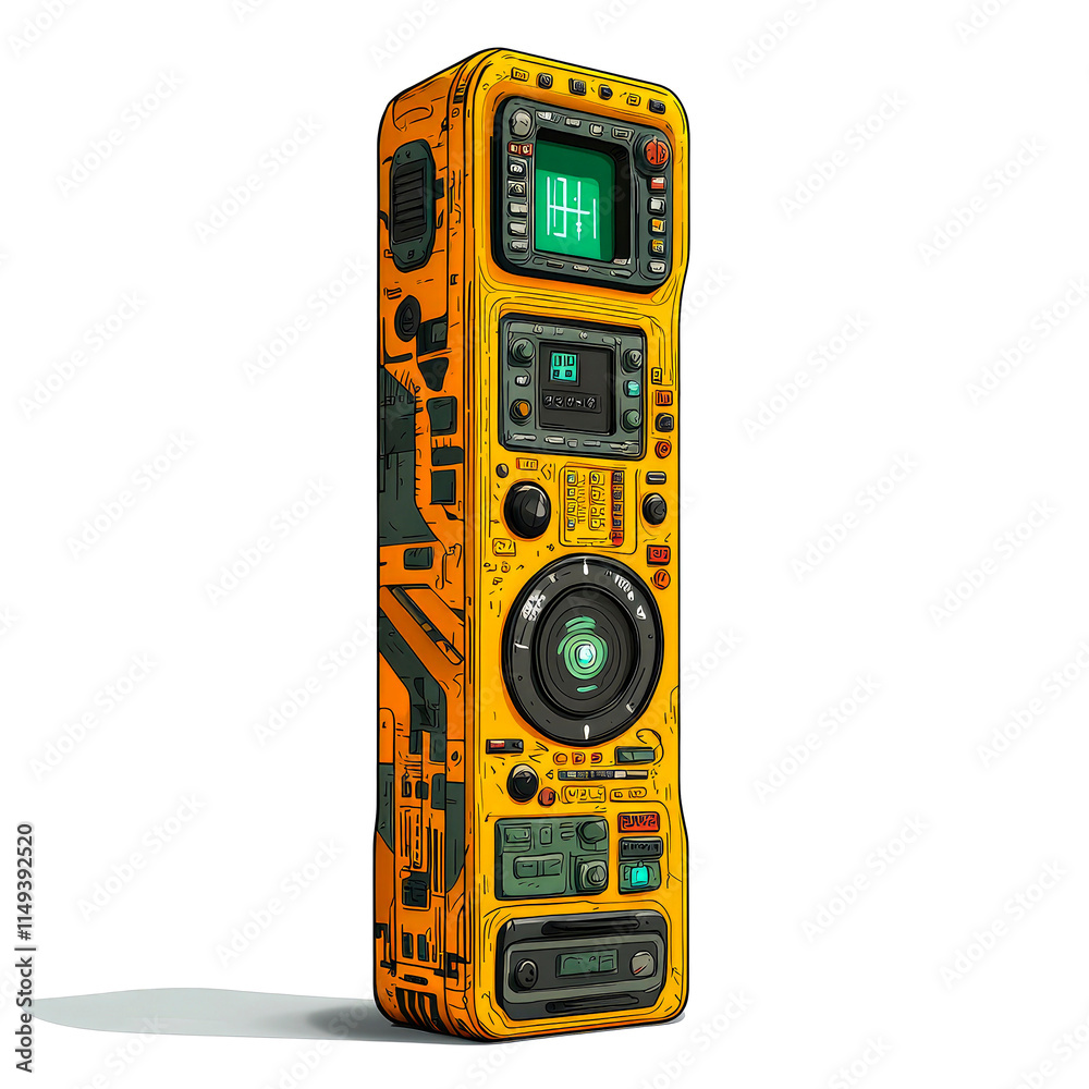 Fototapeta premium Futuristic yellow device with various controls and screens.