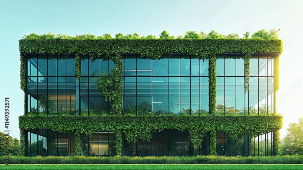 Obraz premium Eco-friendly modern building with green walls, rooftop garden. Large glass windows offer view of interior. Green vines climb up structure creating sustainable design. Building modern, stylish.