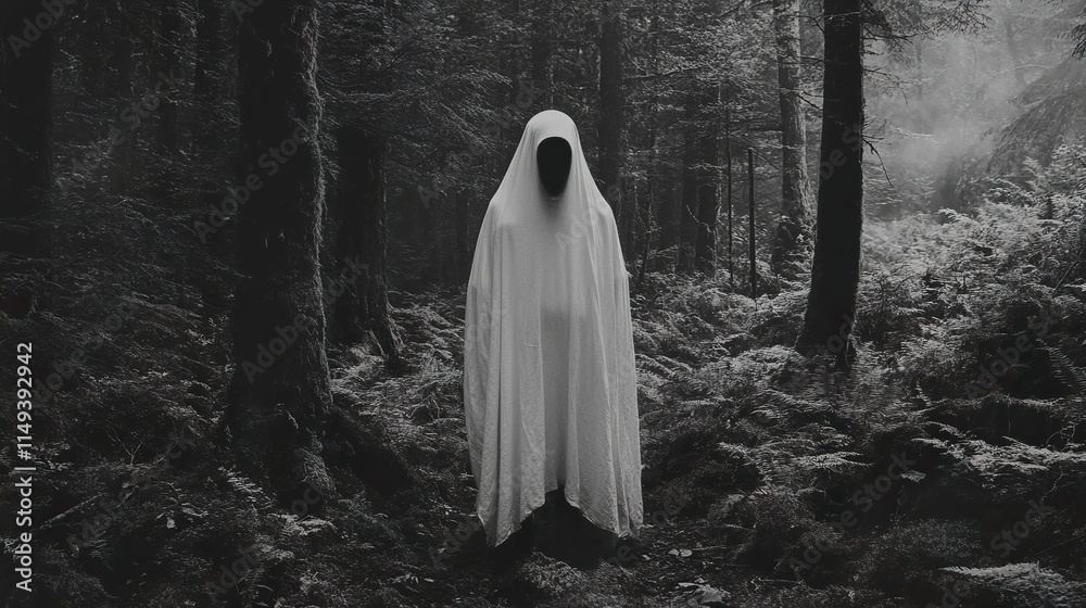 Ghostly Figure in a Dark Forest: A Monochrome Mystery