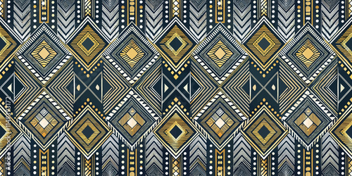 A striking geometric pattern featuring diamonds and arrows in navy, gold, and white tones.