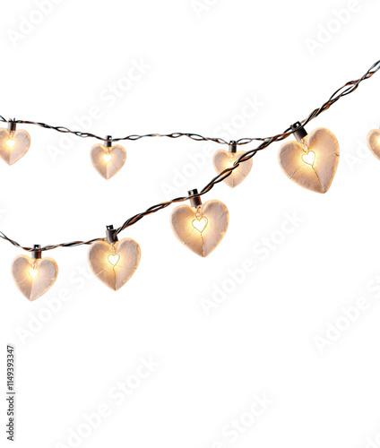 A string of glowing heart-shaped lights on a thin wire, emitting a warm, soft yellow glow. These decorative lights create a romantic and cozy ambiance.