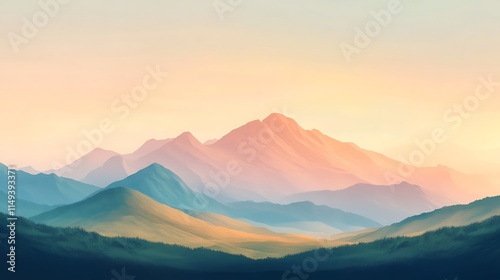 Serene sunrise over pastel-colored mountain range.