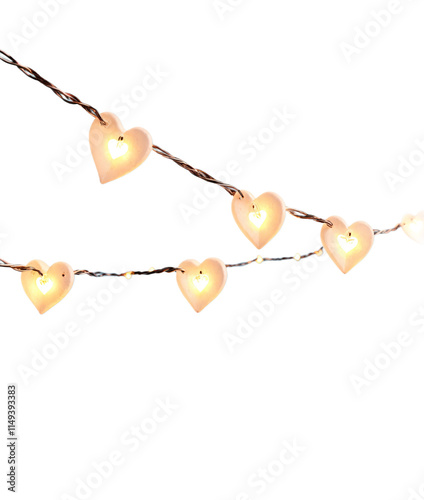 A string of glowing heart-shaped lights on a thin wire, emitting a warm, soft yellow glow. These decorative lights create a romantic and cozy ambiance.