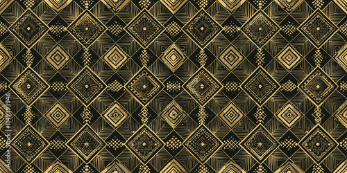 Elegant geometric pattern in gold and black, featuring intricate diamond shapes and lines.