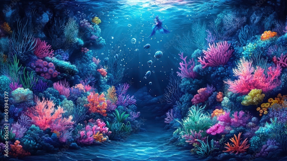 Fototapeta premium Vibrant coral reef, underwater scene, fish.