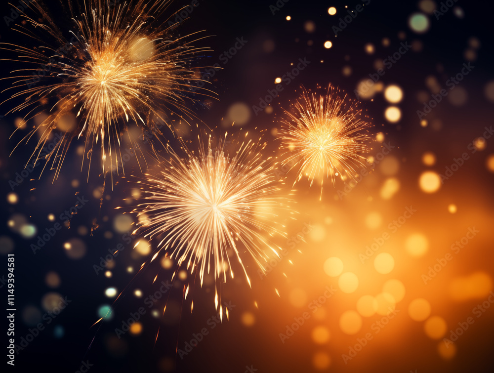 Obraz premium Abstract fireworks background image. Dark background. Gold glitter background with fireworks. christmas eve, new years and 4th of july holiday concept.