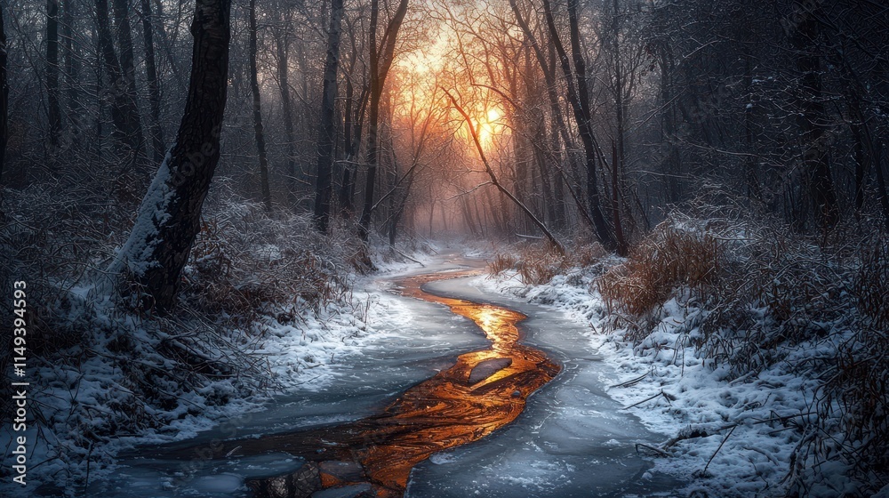A narrow frozen stream winding through a snowy forest. A narrow frozen stream winding through a snowy forest.