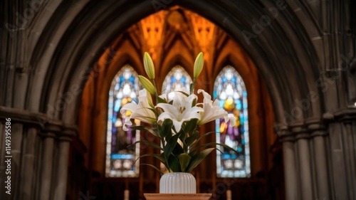 White lilies in vase before church stained glass photo