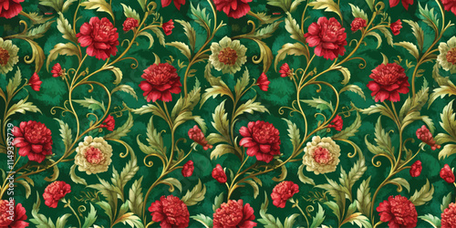 A vibrant floral pattern featuring rich red and green hues, perfect for textile designs and home decor.