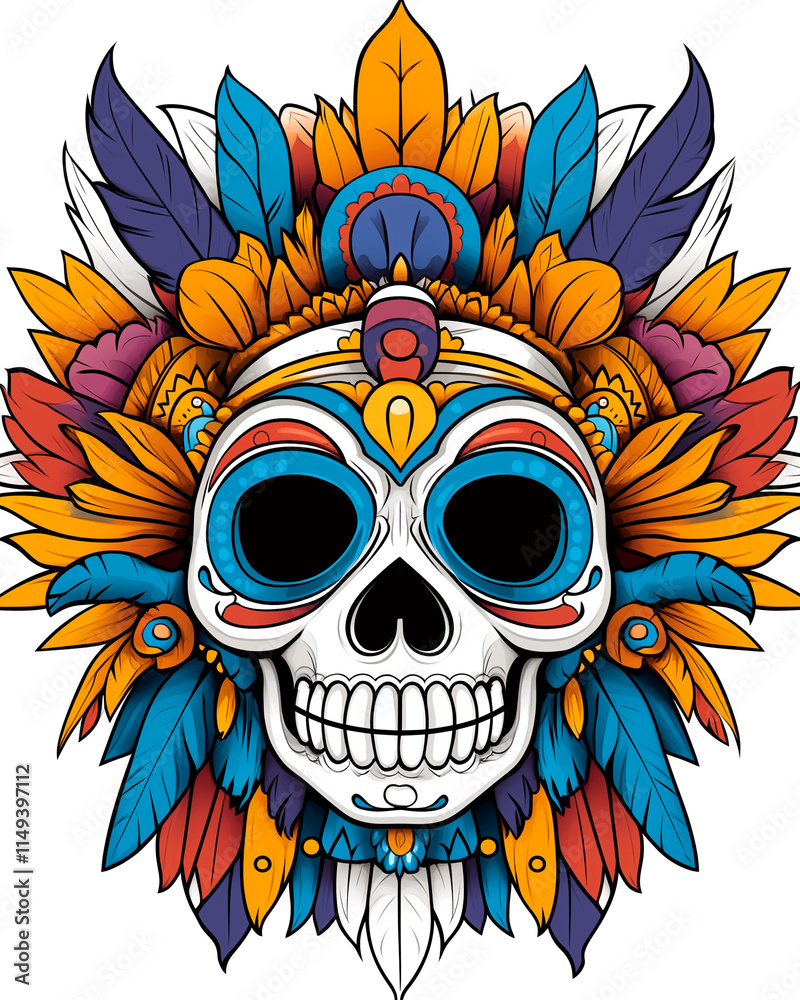 A colorful skull with feathers and leaves on top of it. The skull is smiling and has a colorful design A colorful skull with feathers and leaves on top of it. The skull is smiling and has a colorful design