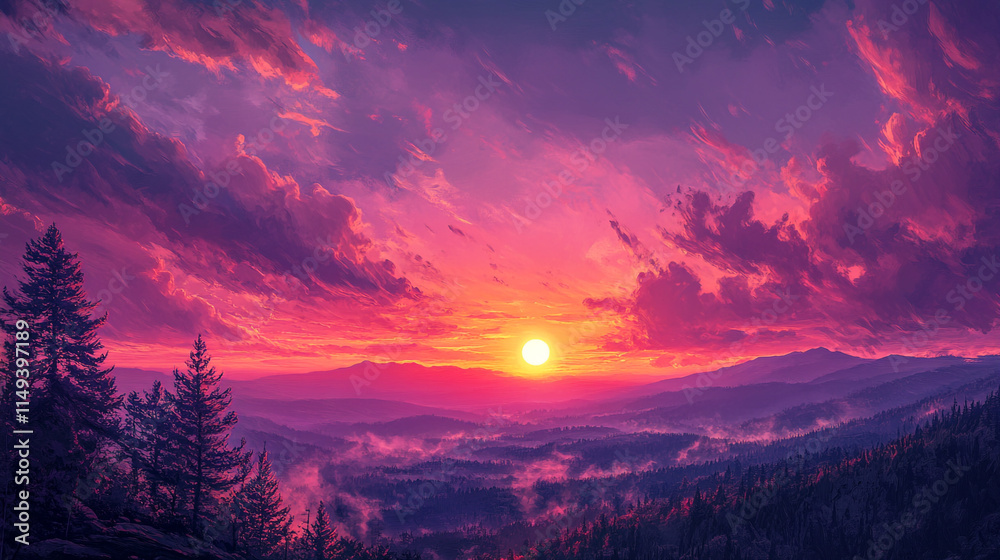 Sunset over mountainous landscape with vibrant colors and wispy clouds in the evening sky Sunset over mountainous landscape with vibrant colors and wispy clouds in the evening sky