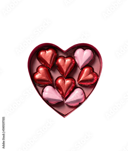A box of heart-shaped chocolates and candies arranged in red cupcake liners. The assortment includes pink, white, and dark chocolate hearts, symbolizing love and sweetness.